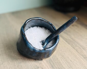 Handmade Ceramic Salt Cellar with Spoon | Rustic Kitchen Storage Salt Pot