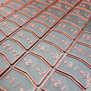 Puede incluir: Primer plano de numerosos objetos rectangulares pequeños, de color gris oscuro, con bordes redondeados. Cada objeto tiene un borde realzado de color rojo anaranjado y contiene texto numérico, incluyendo fracciones y símbolos. Los objetos están dispuestos en una cuadrícula.