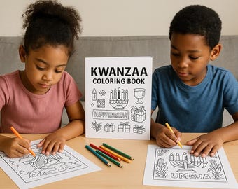 May include: Two children coloring Kwanzaa-themed pages with crayons. A "Kwanzaa Coloring Book" is displayed in the center, featuring illustrations of candles, gifts, and other holiday symbols. The children are focused on their artwork, creating a festive scene.