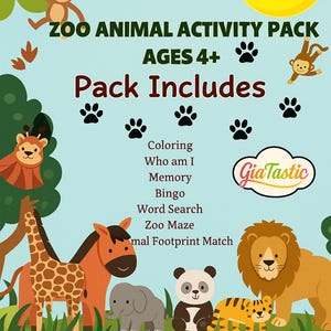 Zoo Animal Activity Pack for Kids | Printable Coloring, Bingo, Matching, Word Search & More | Instant Download Preschool Learning Games