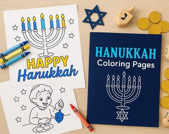 May include: A collection of Hanukkah-themed items, including coloring pages, crayons, dreidels, and gold-colored coins. The coloring pages feature menorahs and the text "Happy Hanukkah" and "Hanukkah Coloring Pages". A blue Star of David is also present.