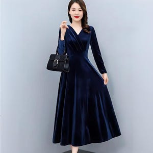 Velvet Dress women v neck velvet short dress with long sleeves, wedding dress, fit and flare dress, autumn winter velvet bridesmaid dress