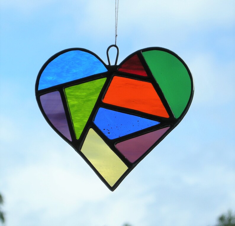 Love Heart Abstract Stained Glass suncatcher in a mixture of colours and textured glass