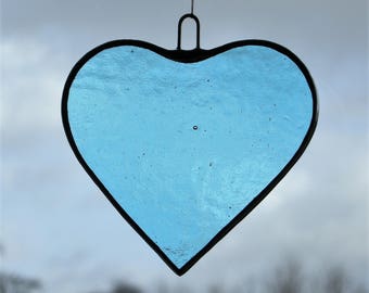 Stained Glass hanging ornament (Love Heart) light sky blue textured glass