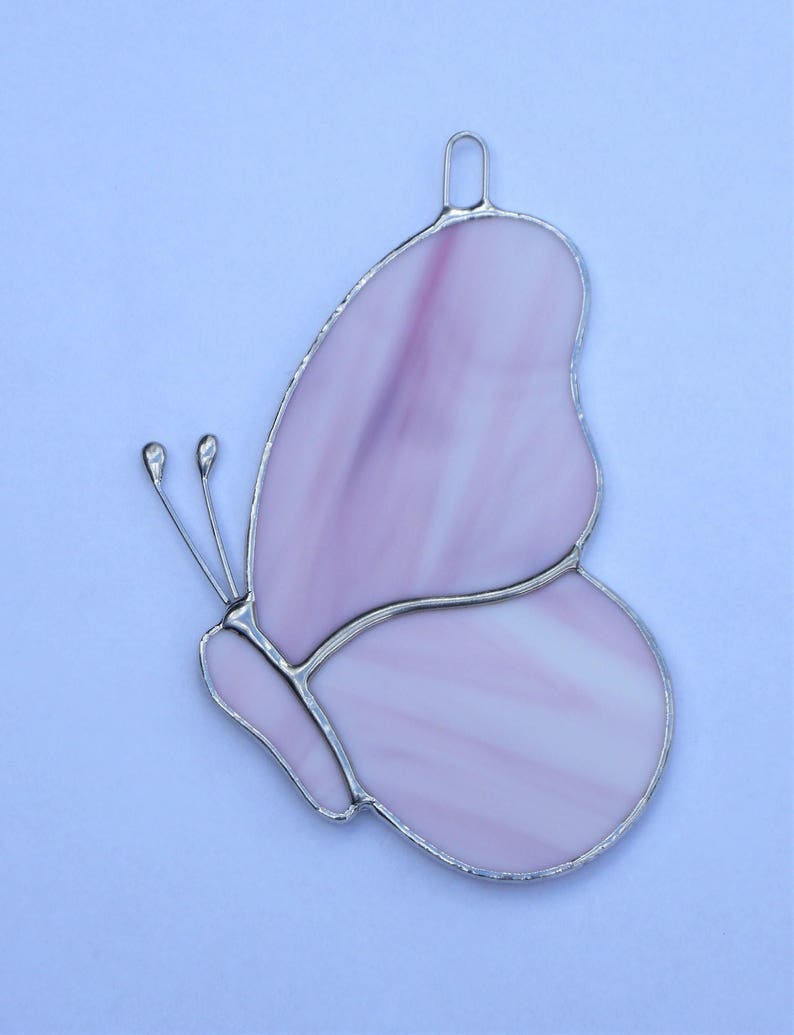 Butterfly pink and white swirling opalescent glass Stained Glass ornament