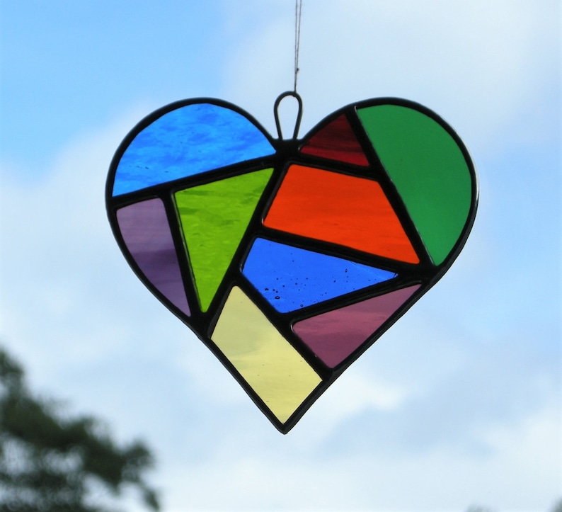 Love Heart Abstract Stained Glass suncatcher in a mixture of colours and textured glass