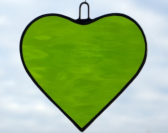 Stained Glass hanging ornament (Love Heart) moss green rippling water glass