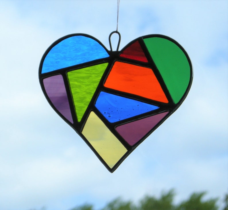 Love Heart Abstract Stained Glass suncatcher in a mixture of colours and textured glass