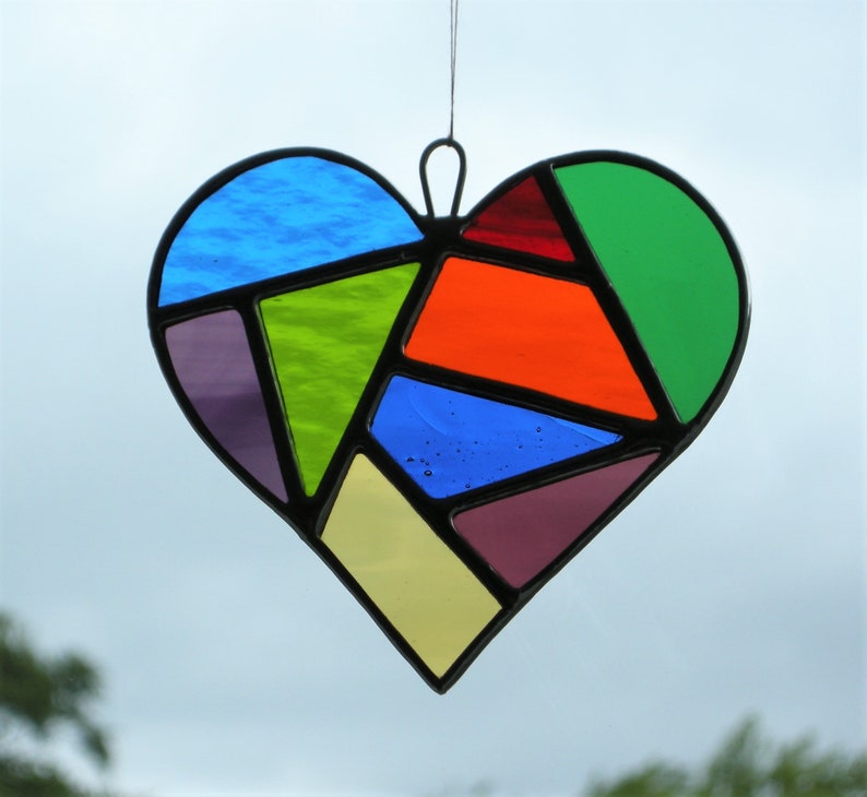 Love Heart Abstract Stained Glass suncatcher in a mixture of colours and textured glass