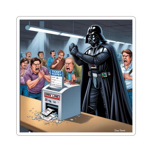 May include: A sticker featuring Darth Vader in a DMV setting, confronting a group of angry people. The scene includes a ticket dispenser labeled "DMV LINE" and "TICKET TCPPET". The artwork is a humorous take on a familiar situation.