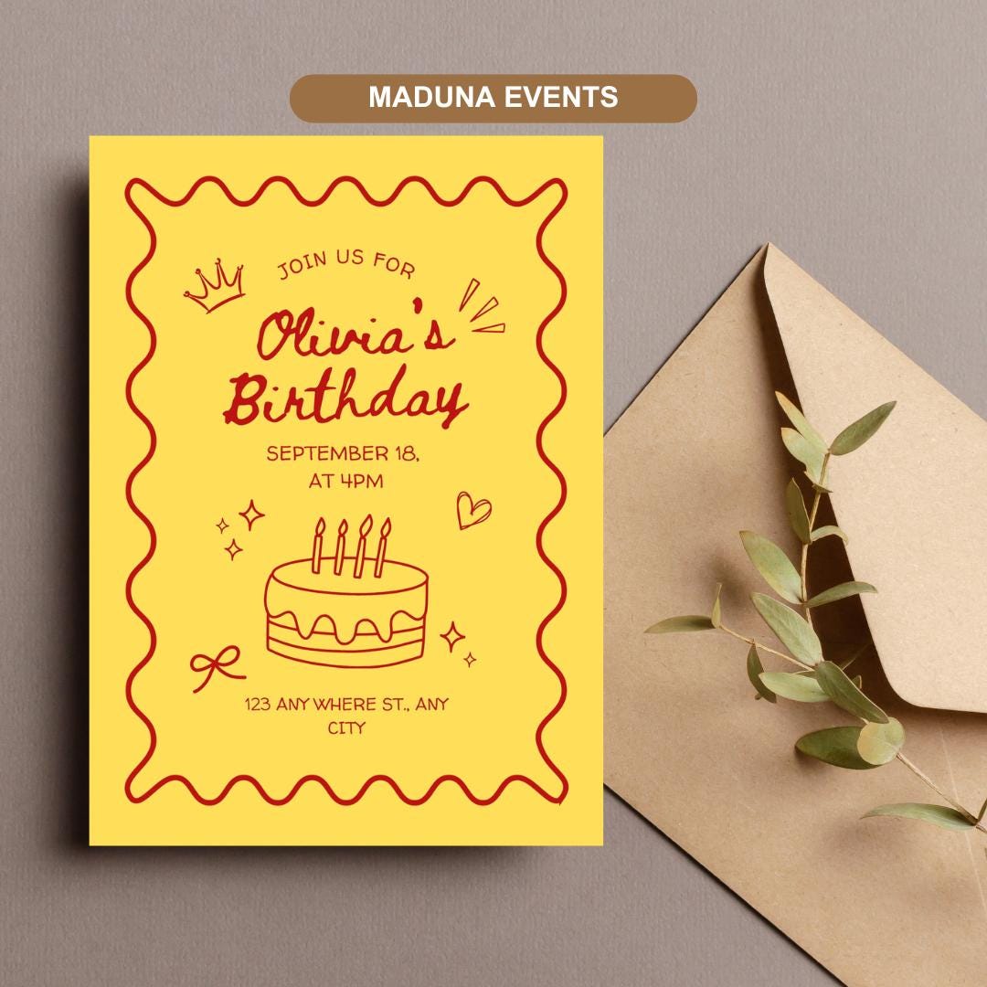 Red Yellow Birthday Invitation Template, Happy Party Instant Download ...