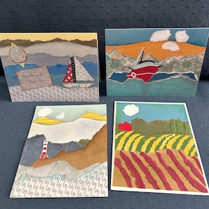 Le papier déchiré conçoit des jeux de cartes de correspondance d'art imprimées représentant des images uniques du nord-ouest du Pacifique. Lot de 8 cartes avec 4 motifs uniques.