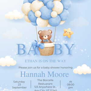 Edytowalny Miś Teddy w Koszyku Z Białymi I Niebieskimi Balonami - Urocze Cyfrowe Zaproszenie Na Baby Shower - Pobieranie Cyfrowe - Szablon Canva