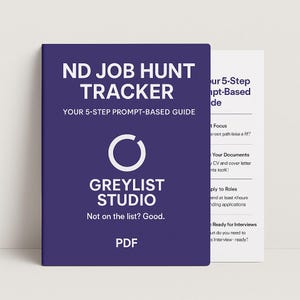Op de afbeelding: Een paarse handleiding met de titel "ND Job Hunt Tracker: Uw 5-stappen gids op basis van prompts" en het logo "Greylist Studio". De handleiding is een PDF en heeft de tekst "Niet op de lijst? Goed." op de omslag.
