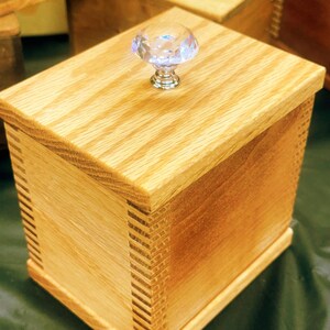 Keep Sake Box Jewelry or Pet Ash: Stained Oak Handmade Rectangle Lid Glass Knob
