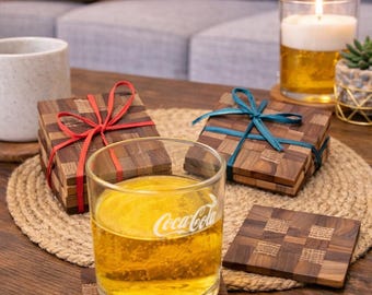 Wooden Drink Coasters Set Handmade Walnut Maple Oak  for Eco-Friendly Home Rustic Decor
