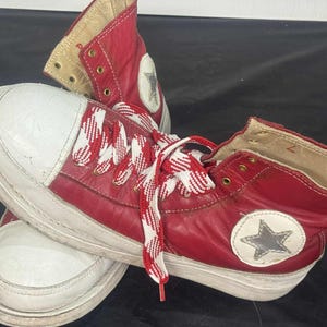 Vintage Red & White Leather High Top Sneakers Clown Style 9.5&quot; Inside Unique Design Fits Most