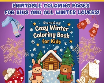Op de afbeelding: Kleurrijke illustratie die reclame maakt voor een "Cozy Winter Coloring Book for Kids". De afbeelding toont een boekomslag met een winterse scène, sneeuwvlokken en stripfiguren. Extra winterse elementen zijn wanten, een sjaal en een peperkoekenhuisje.