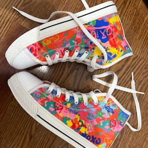 Vibrant Women&#39;s High Top Sneakers, Artistic Footwear, Colorful Fashion Shoes, Unique Canvas Sneakers, Gift for Art Lovers, Trendy 2023