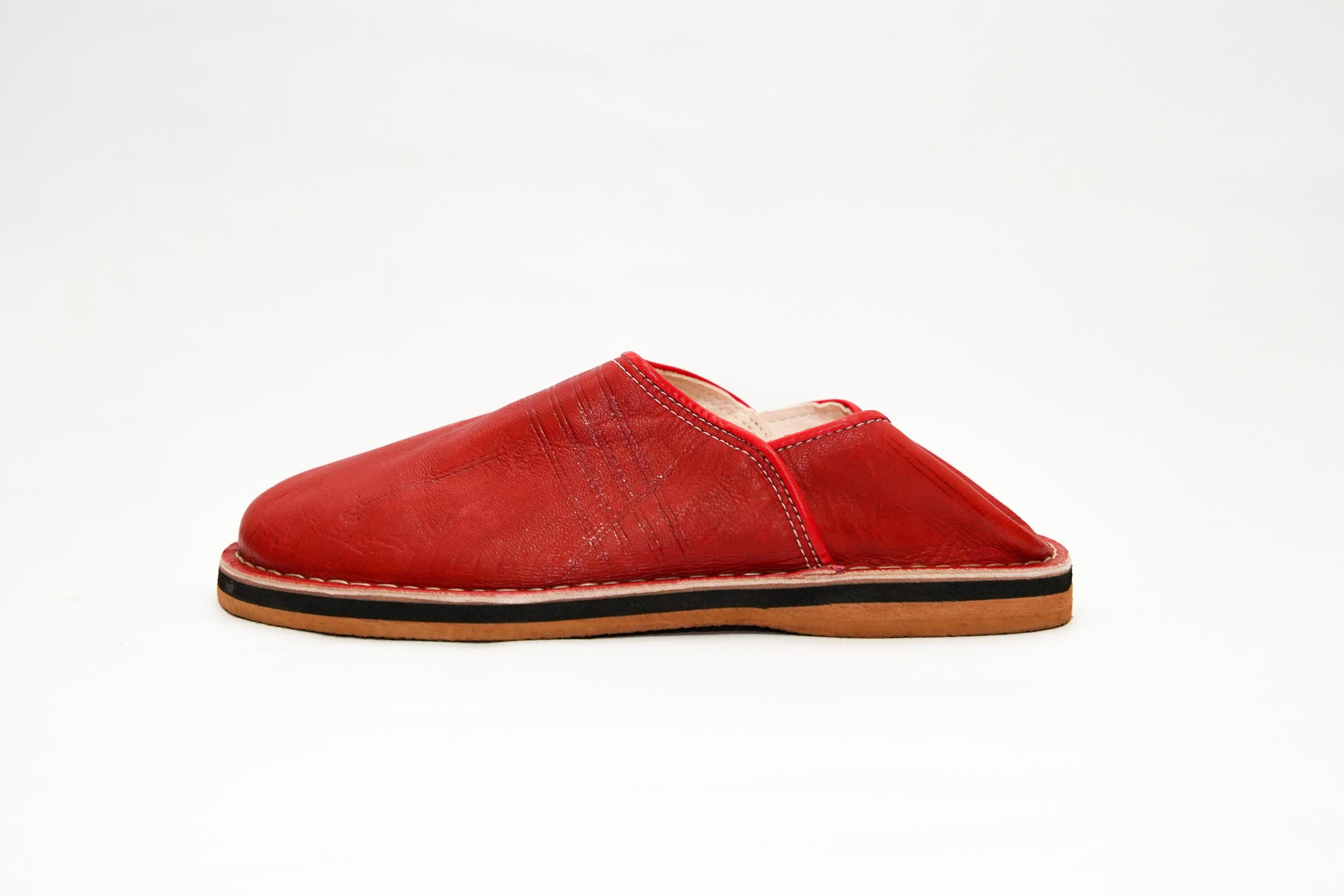 Babouches Marocaines Homme En Cuir Rouge - Fait Main - Chaussons D'intérieur Confortables