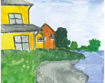 Houses by the Lake (10x15) Watercolor Print, 300g paper, with various frame options