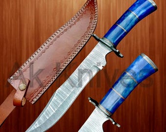 Personalized Damascus Steel Bowie Knife: Handmade Camel Bone Handle