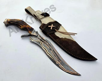 Faca Bowie personalizada em cobre damasco, cabo de chifre de veado, presente para colecionadores, bainha de couro, faca feita à mão.