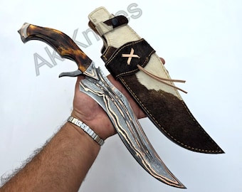 Handmade Copper Damascus Blade Hunting Bowie Knife, Stag Horn Handle, Collector Gift, Leather Sheath,