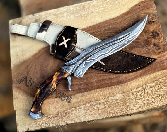 16" Handmade Copper Damascus Steel Hunting Bowie Knife | Blood Groove Blade | Personalized Gift