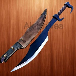 May include: A blue sword with a curved blade and a brown leather-wrapped handle. The sword is next to a brown leather sheath with decorative stitching and a textured pattern. The image is set against a wooden background.