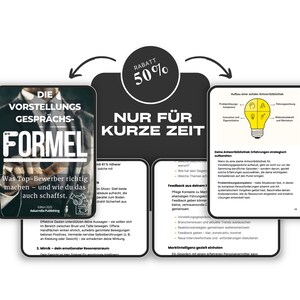 Może przedstawiać: Obraz promocyjny z książką zatytułowaną "DIE VORSTELLUNGS GESPRÄCHS-FORMEL" z tekstem "Was Top-Bewerber richtig machen - und wie du das auch schaffst." Reklamowany jest rabat 50% przez ograniczony czas.
