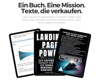 May include: Three black tablets displaying text and graphics. The tablets feature the title "Landing Page Power" and other text in German. The image promotes copywriting principles for sales and conversion, with a focus on psychological text.