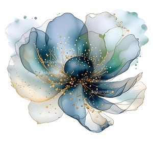 Könnte beinhalten: Aquarell-Kunstdruck mit einer großen, stilisierten Blume in Blau-, Türkis- und Weißtönen. Zarte goldene Akzente und ein dunkelblaues Zentrum sorgen für Details. Das Kunstwerk hat eine weiche, ätherische Qualität, ideal für Wanddekoration.