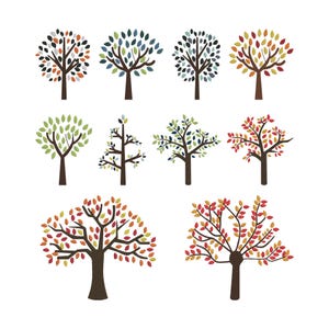 May include: A collection of nine stylized tree illustrations. The trees feature brown trunks and branches with various leaf colors, including green, blue, orange, and red. The designs are simple and graphic, suitable for various decorative applications.