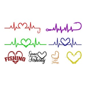 Fishing Heartbeat Love Line Embroidery Design, Love Fishing Heart Hook Angler Machine Embroidery File, 8 Design, 9 Size, Instant Download