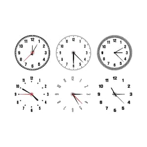 May include: Six black and white clock faces with different times. The clocks have black numbers and hands, with a variety of styles, including a dotted outline and a solid black circle.