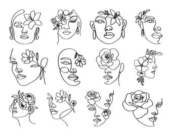 One Line Face Floral Embroidery Design, Abstract Woman Face Machine Embroidery File, 12 Design, 8 Size, Instant Download