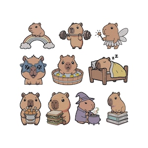 Op de afbeelding: Een verzameling cartoon capibara's in verschillende poses. Eén zit op een regenboog, een ander tilt gewichten en een derde draagt ​​elfenvleugels. Andere capibara's zijn in bad, slapen en houden eten vast. Een grillig ontwerp.