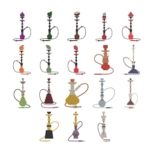 May include: A collection of colorful hookah illustrations with various fruit-themed tops, including fig, apple, coconut, and watermelon. Each hookah features a unique design and color scheme, with hoses and mouthpieces.