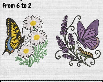 Floral Butterfly Machine Embroidery Design, Instant Download Digital, (2 Designs, 7 Sizes)