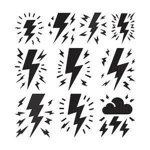 May include: A collection of nine black lightning bolt illustrations on a white background. The designs vary, some with radiating lines, others with smaller bolts, and one with a cloud and multiple bolts. The style is simple and graphic.