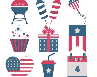 Patriotic Summer Embroidery Bundle, 4th of July BBQ Fireworks USA Machine Embroidery Design, Instant Download