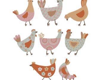 Floral Chicken Embroidery File ,Cute Farm Hen Embroidery Designs , Six  Sizes Machine Embroidery File ,Instant Download, Floral Embroidery