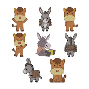 Può includere: Una collezione di illustrazioni di cartoni animati con asini e cavalli in varie pose. Gli animali sono raffigurati in tonalità di marrone e grigio, alcuni trasportano fasci di legno. Alcuni sorridono, mentre altri sembrano scontrosi o rilassati.