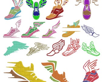 Winged Sneaker Machine Embroidery Design, Running Shoe Embroidery, Track Sports Sneaker Embroidery Set, Instant Digital Download