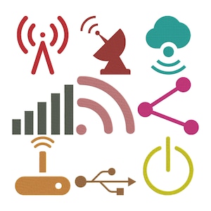 May include: A collection of colorful embroidered icons representing technology and connectivity. Includes a red antenna, a satellite dish, a teal cloud with a signal, a signal strength indicator, a pink Wi-Fi symbol, a pink share icon, a router, a USB symbol, and a yellow power button.