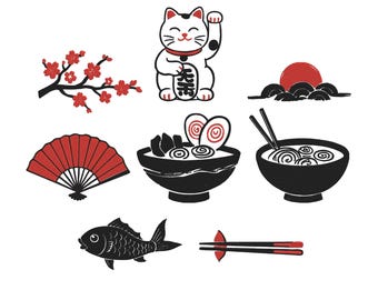 Japanese Embroidery Design Bundle, Lucky Sakura Ramen Koi Machine Embroidery File, Instant Download, 7 Size