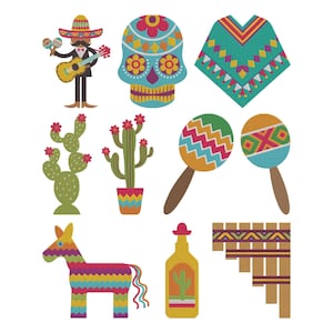 Puede incluir: Colección de ilustraciones coloridas con temática mexicana. Incluye un músico mariachi, una calavera de azúcar, un poncho, cactus, maracas, una piñata, una botella de tequila y una flauta de pan. Los diseños presentan colores brillantes y patrones geométricos.