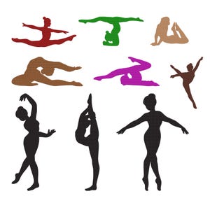 May include: A collection of stylized silhouettes of dancers and gymnasts in various poses. The figures are depicted in shades of red, green, tan, purple, and brown, with several black silhouettes. The poses include splits, backbends, and balances.