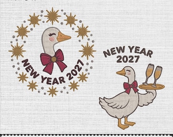 Stickmuster „Neujahrsgans 2027“, digitale Stickdatei mit Feiertagsgänsen, sofortiger Download (2 Designs, 5 Größen)
